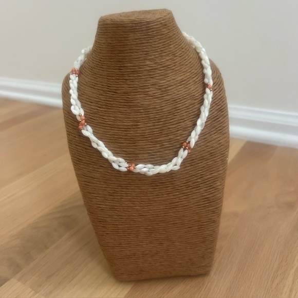 Jewelry - Vintage Triple Twisted Fresh Water Pearl Shell Pink Coral Necklace Gold Beads